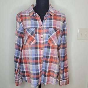 MELROSE & MARKET Plaid Button Front Frayed Hem Long Sleeve Shirt Women's sz M